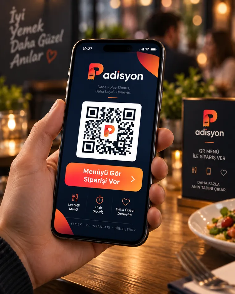 Restoran masasında telefonla açılmış Padisyon QR menü ekranı ve masadaki karekod standı
